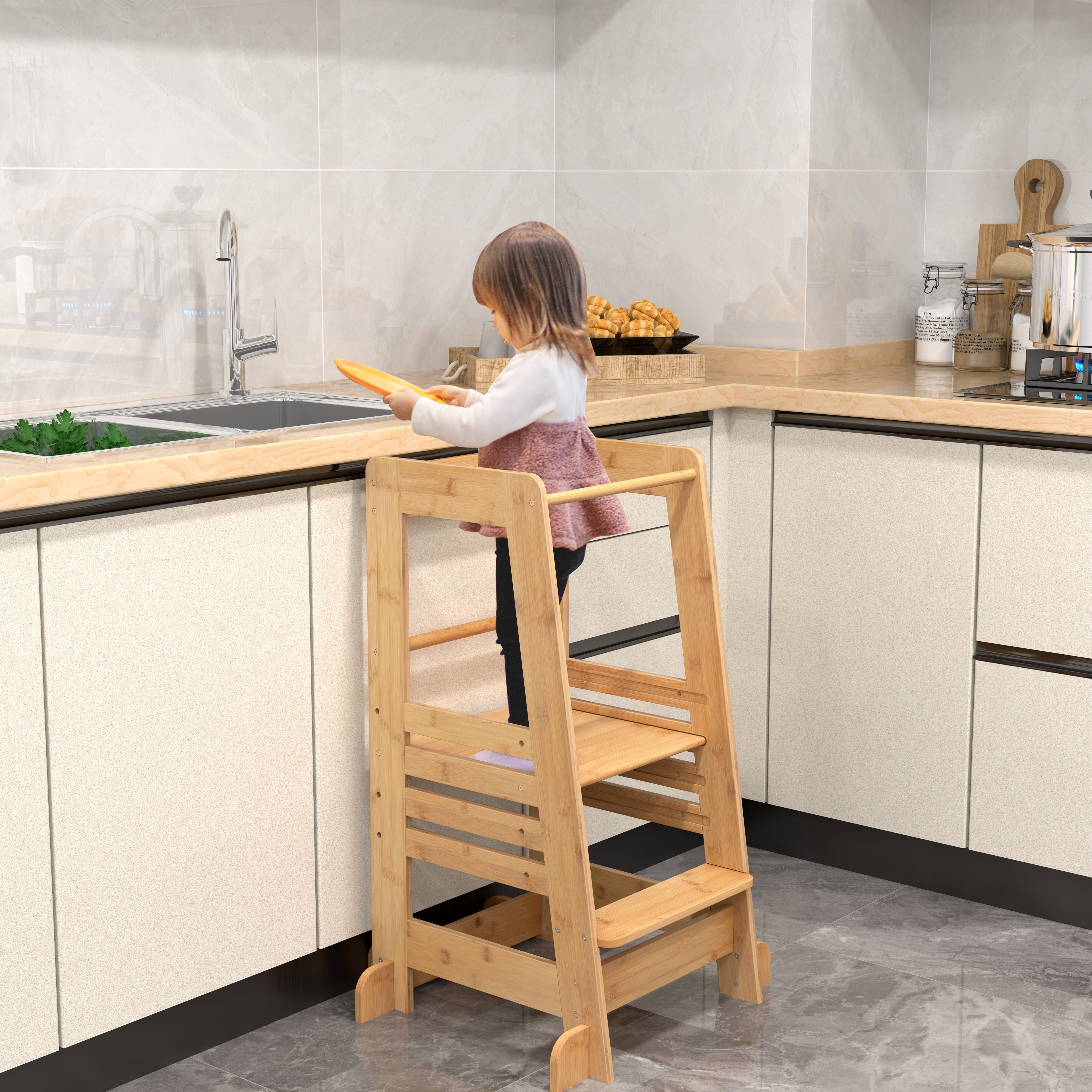 Bamboo Kids Kitchen Step Stool with Adjustable Height and Safety Rails, Natural Toddler & Kids Furniture at Gallery Canada
