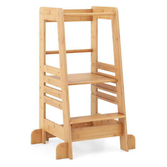 Bamboo Kids Kitchen Step Stool, Adjustable Height, Safety Rails, Natural Toddler & Kids Furniture Natural at Gallery Canada