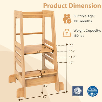 Bamboo Kids Kitchen Step Stool with Adjustable Height and Safety Rails, Natural Toddler & Kids Furniture at Gallery Canada