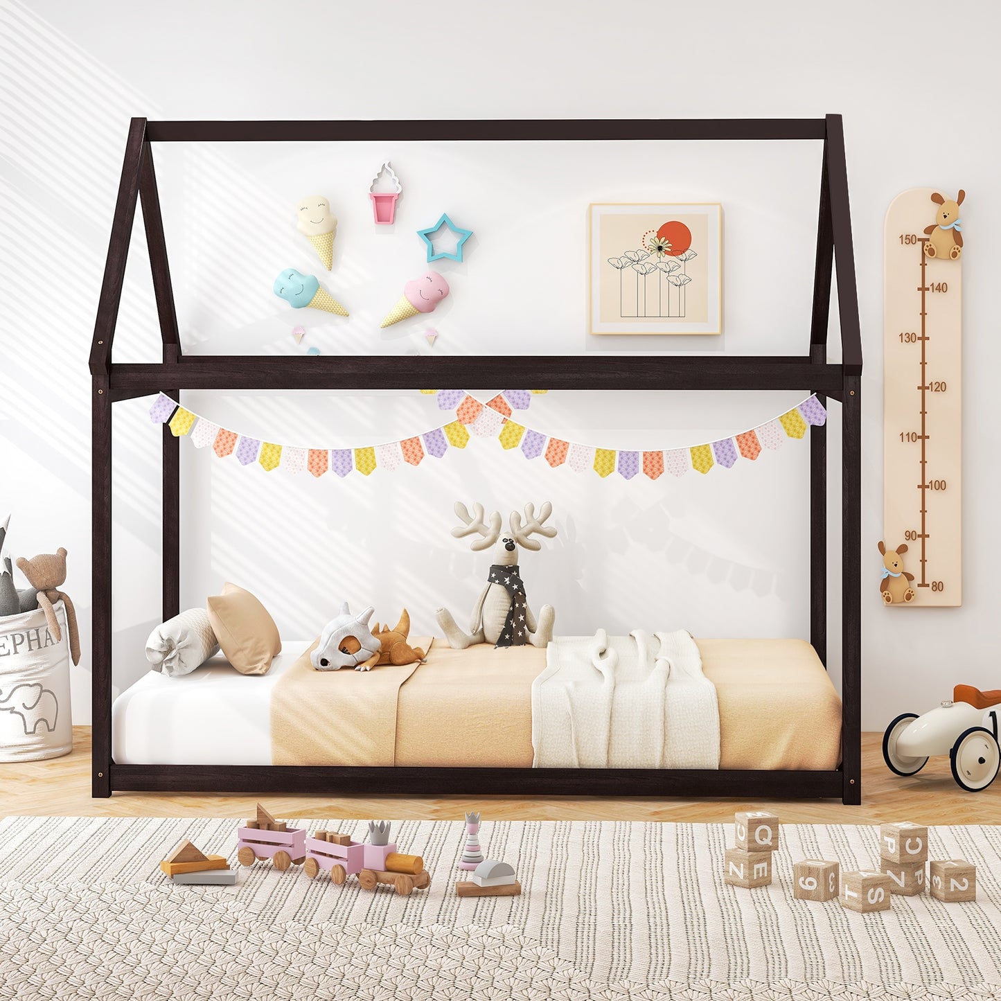 Stable Kids Platform Floor Bed with Roof and Heavy-Duty Slats, Espresso Simple Bed Frame at Gallery Canada