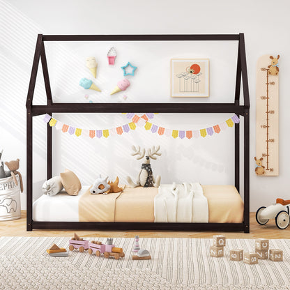 Stable Kids Platform Floor Bed with Roof and Heavy-Duty Slats, Espresso Simple Bed Frame at Gallery Canada