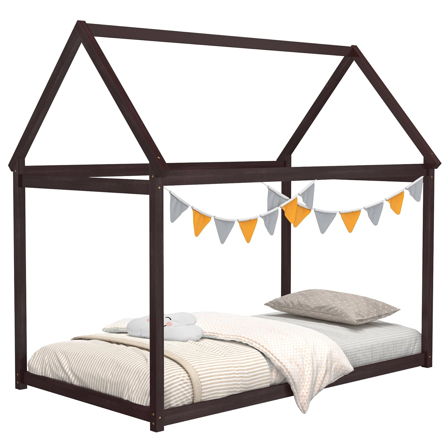 Stable Kids Platform Floor Bed With Roof, Heavy Duty Slats, Espresso Simple Bed Frame Espresso at Gallery Canada