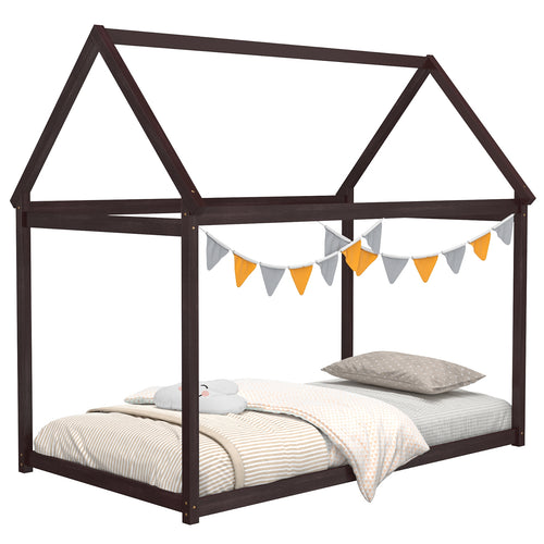 Stable Kids Platform Floor Bed With Roof, Heavy Duty Slats, Espresso