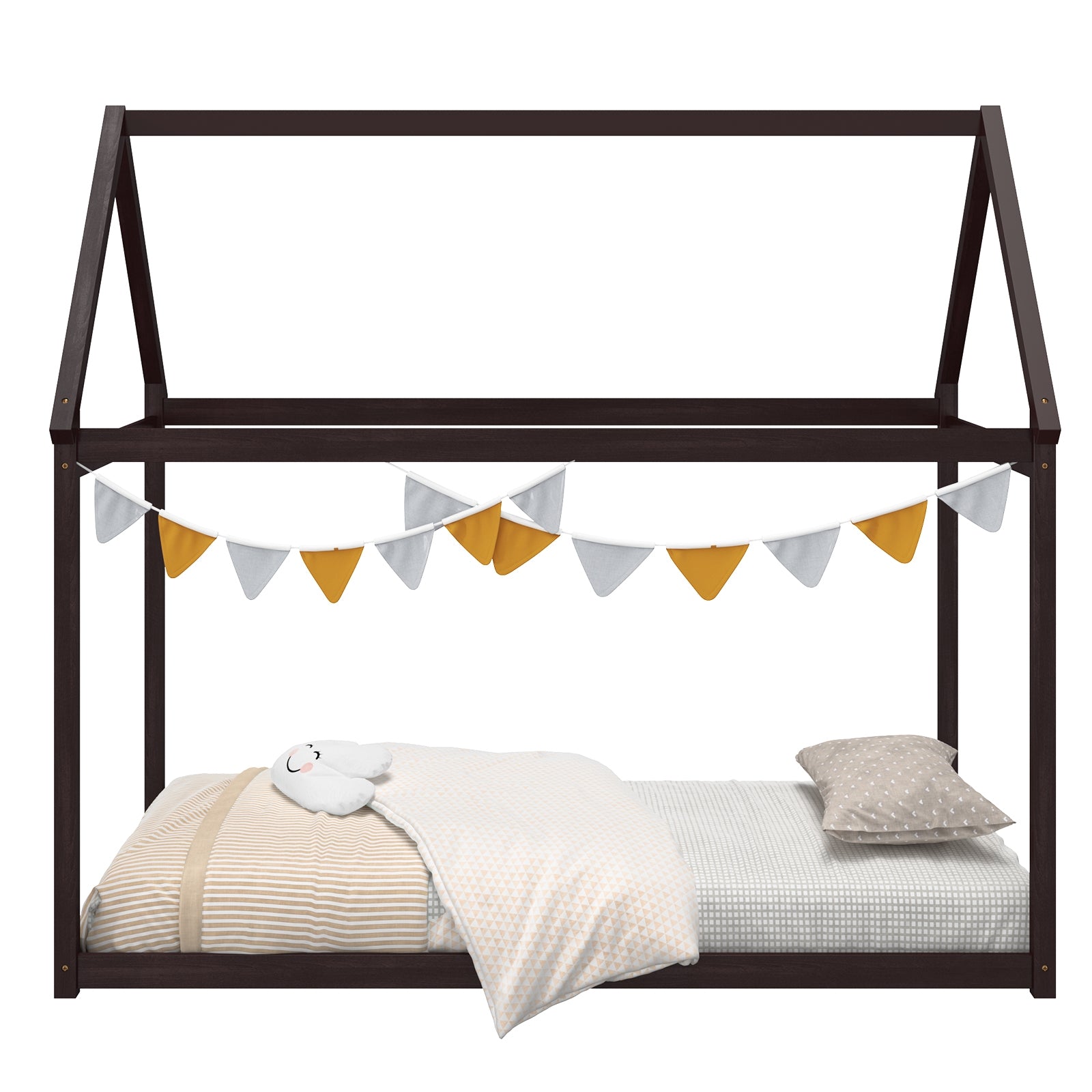 Stable Kids Platform Floor Bed with Roof and Heavy-Duty Slats, Espresso Simple Bed Frame at Gallery Canada
