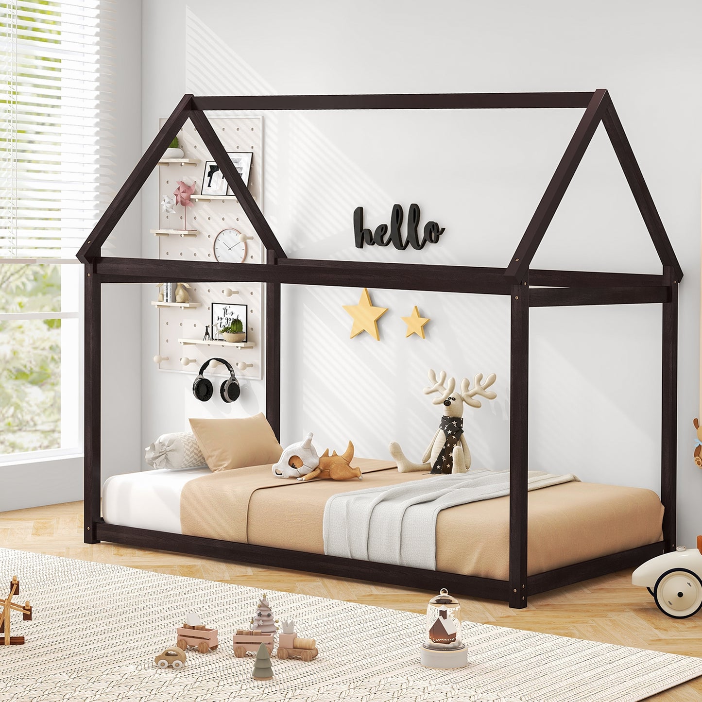 Stable Kids Platform Floor Bed with Roof and Heavy-Duty Slats, Espresso Simple Bed Frame at Gallery Canada