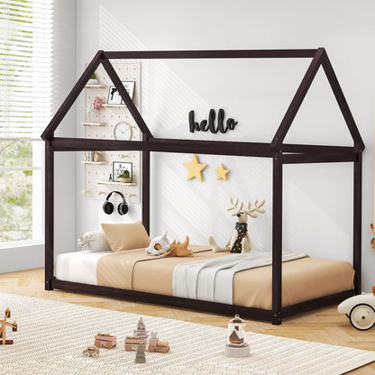 Stable Kids Platform Floor Bed with Roof and Heavy-Duty Slats, Espresso Simple Bed Frame at Gallery Canada