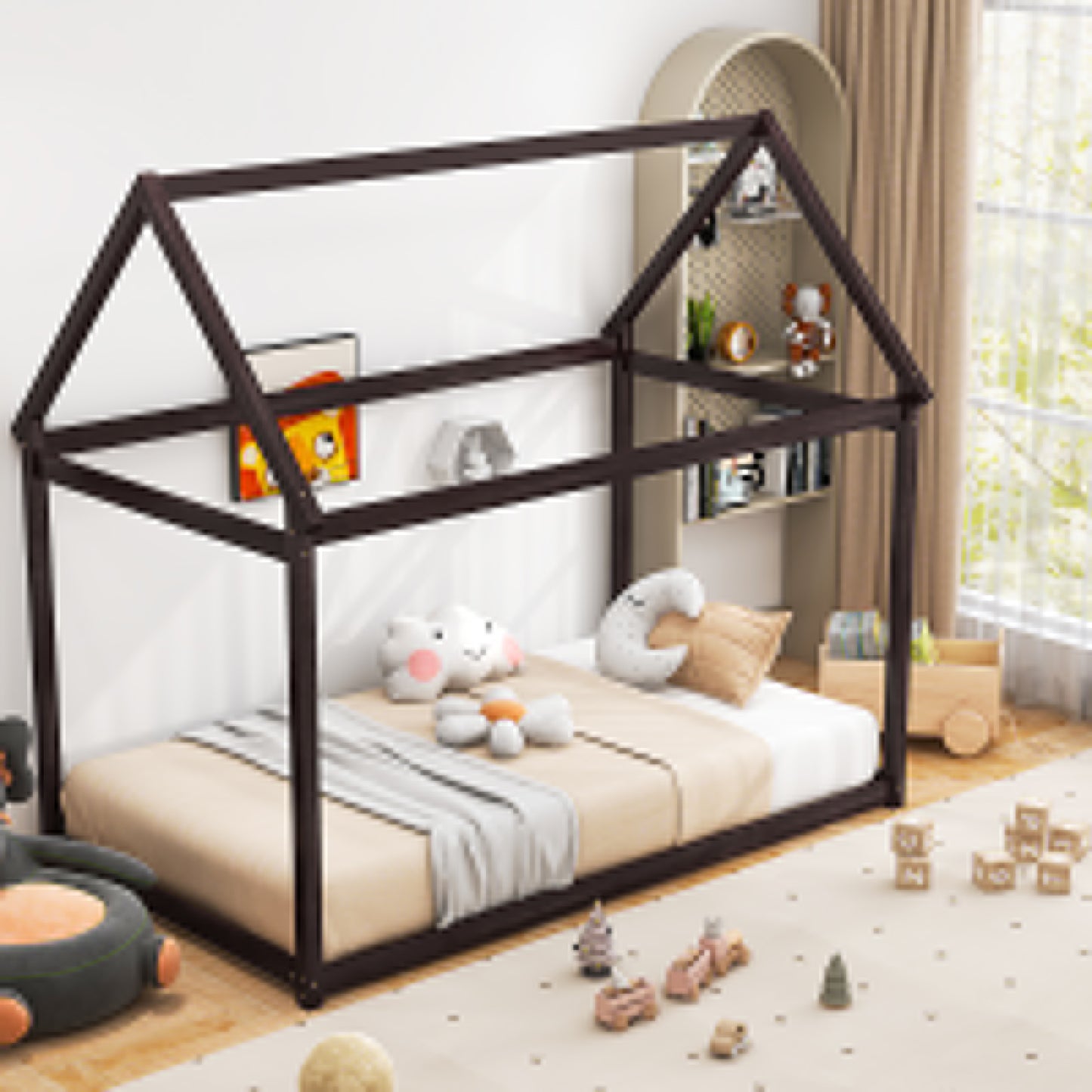 Stable Kids Platform Floor Bed with Roof and Heavy-Duty Slats, Espresso Simple Bed Frame at Gallery Canada