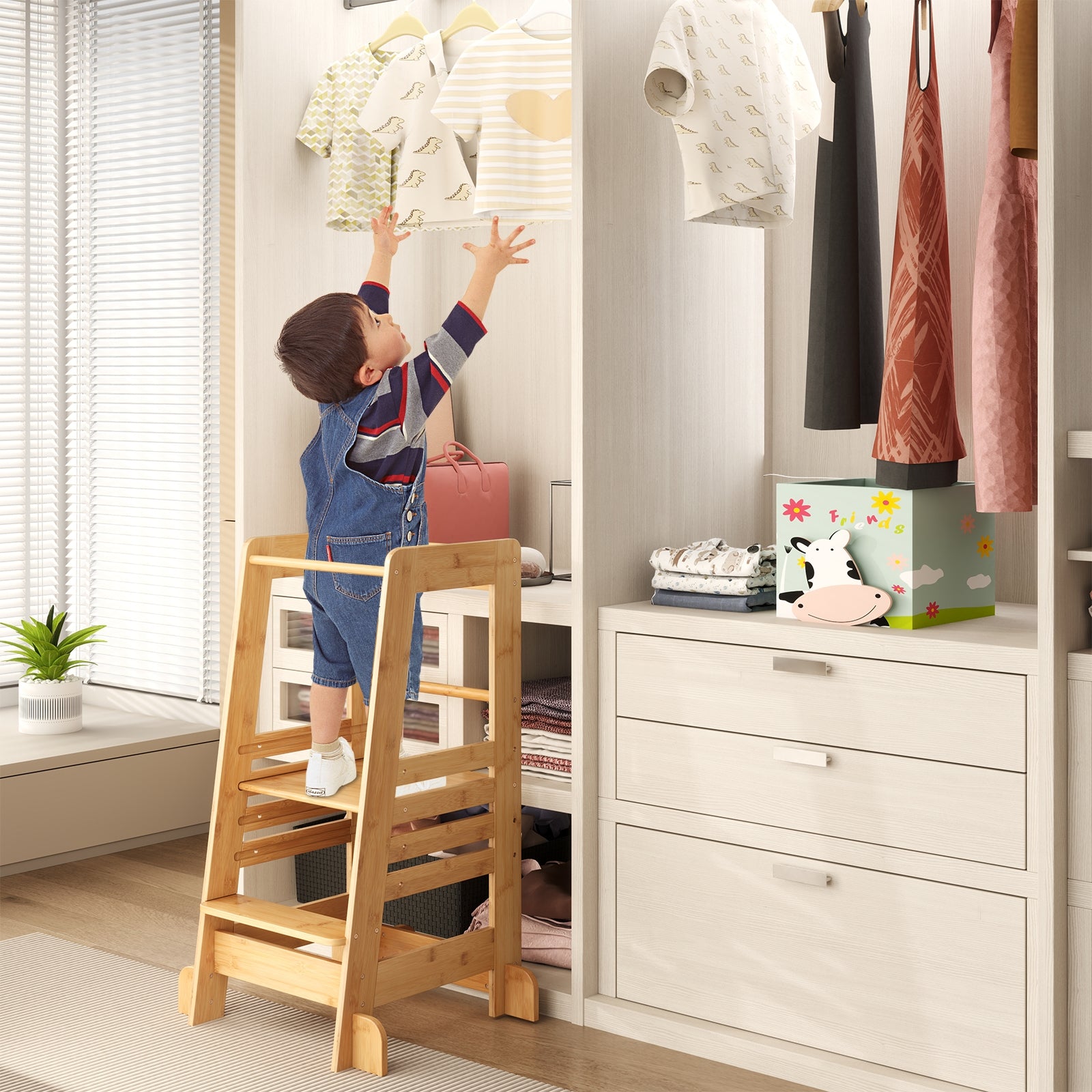 Bamboo Kids Kitchen Step Stool with Adjustable Height and Safety Rails, Natural Toddler & Kids Furniture at Gallery Canada