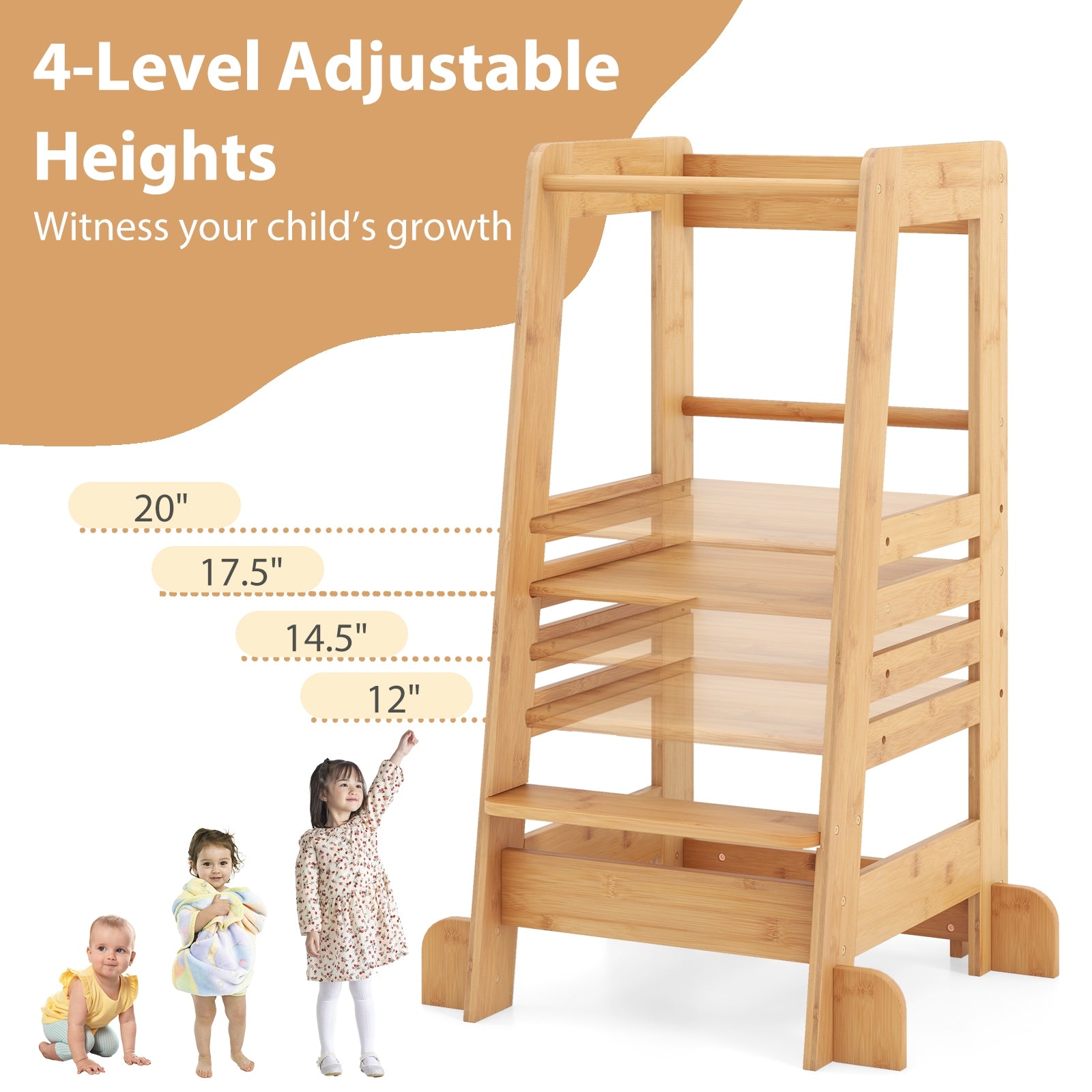 Bamboo Kids Kitchen Step Stool with Adjustable Height and Safety Rails, Natural Toddler & Kids Furniture at Gallery Canada