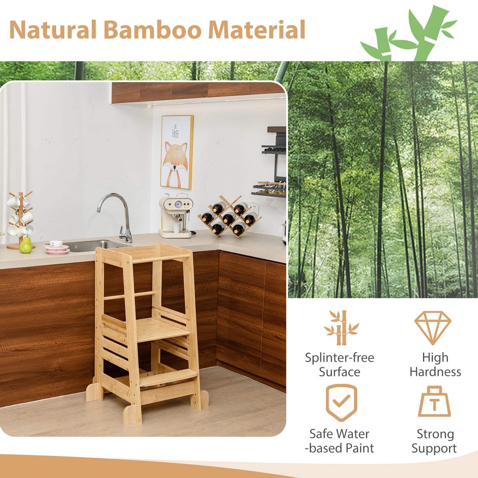 Bamboo Kids Kitchen Step Stool with Adjustable Height and Safety Rails, Natural Toddler & Kids Furniture at Gallery Canada