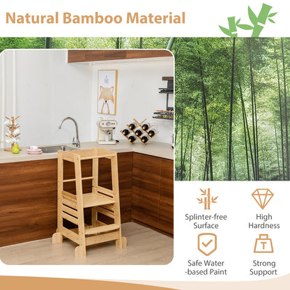 Bamboo Kids Kitchen Step Stool with Adjustable Height and Safety Rails, Natural Toddler & Kids Furniture at Gallery Canada