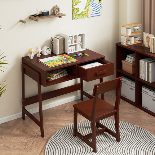 Kids Desk and Chair Set with Storage Drawer and Hutch, Brown