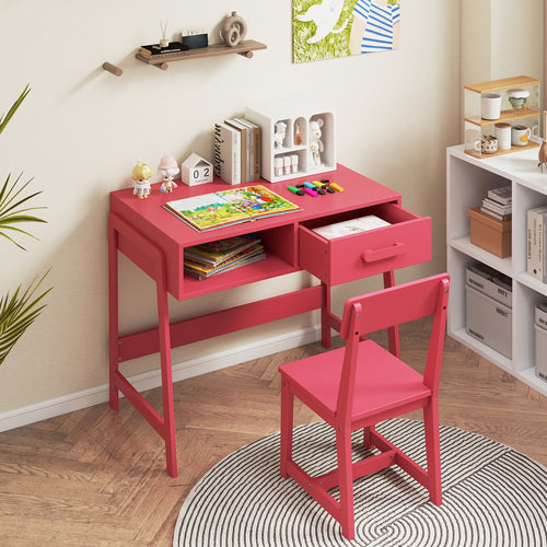 Kids Desk and Chair Set with Storage Drawer and Hutch, Pink
