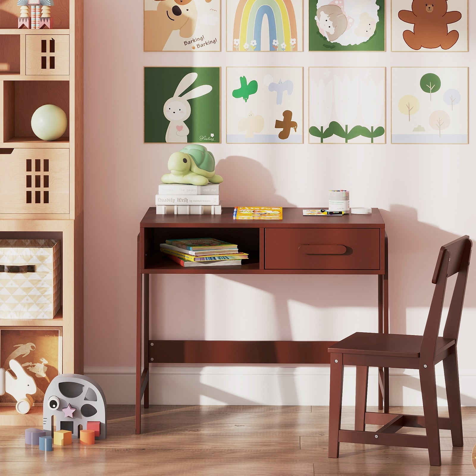 Kids Desk and Chair Set with Storage Drawer and Hutch, Brown Kids Table & Chair Sets at Gallery Canada