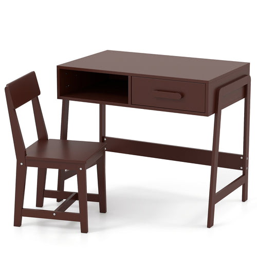 Kids Desk and Chair Set with Storage Drawer and Hutch, Brown