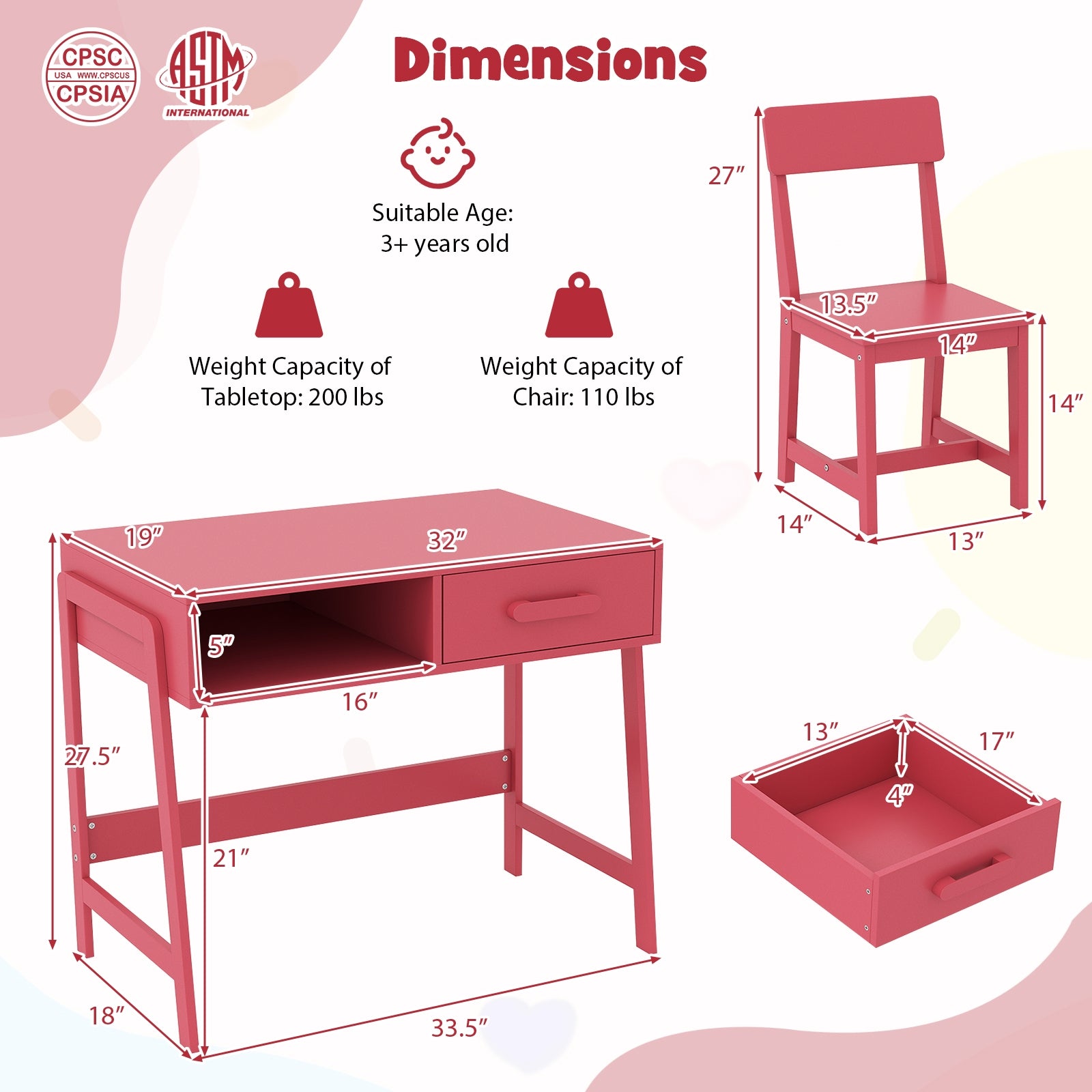 Kids Desk and Chair Set with Storage Drawer and Hutch, Pink Kids Table & Chair Sets at Gallery Canada