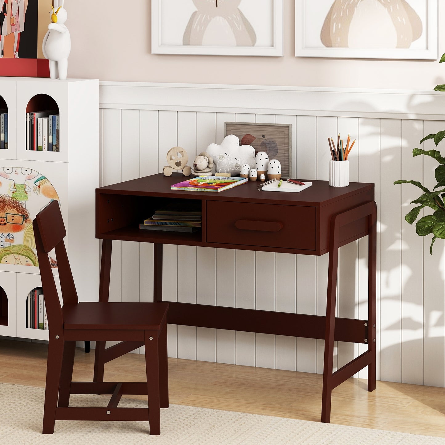 Kids Desk and Chair Set with Storage Drawer and Hutch, Brown Kids Table & Chair Sets at Gallery Canada