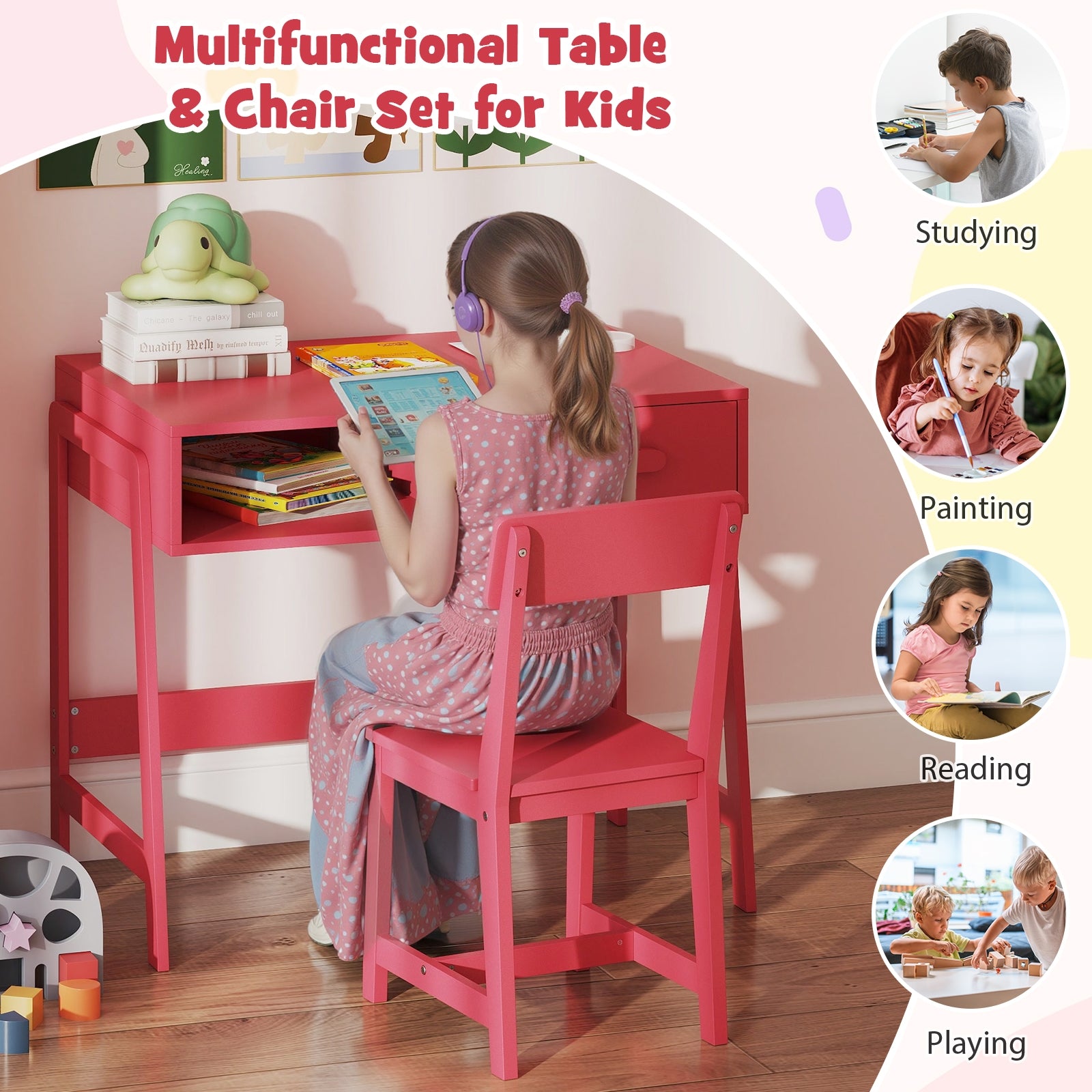 Kids Desk and Chair Set with Storage Drawer and Hutch, Pink Kids Table & Chair Sets at Gallery Canada