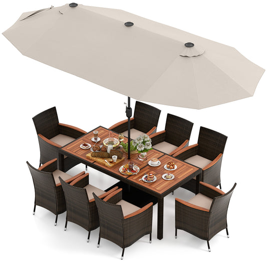 11 Piece Patio Dining Set, 15 Ft Double-Sided Umbrella, Beige Patio Dining Sets Beige at Gallery Canada