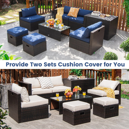 8-Piece Outdoor Wicker Furniture Set with Storage Box, Navy & White Outdoor Sectionals at Gallery Canada