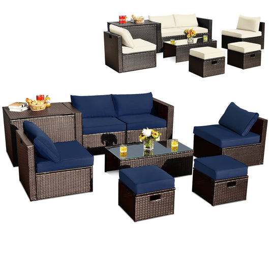8-Piece Outdoor Wicker Furniture Set, White, With Storage Box, Navy Outdoor Sectionals Navy & White at Gallery Canada