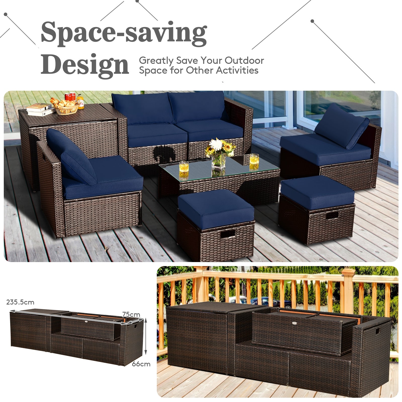8-Piece Outdoor Wicker Furniture Set with Storage Box, Navy & White Outdoor Sectionals at Gallery Canada