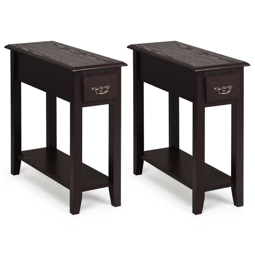 2 Tier Sofa Side Table With Drawer, Shelf, Dark Brown