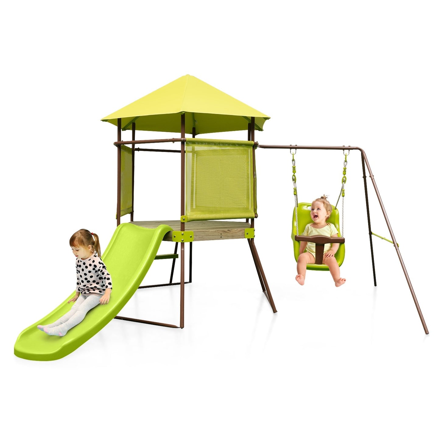 4-in-1 Swing Set with Covered Playhouse Fort and Height Adjustable Baby Seat, Green