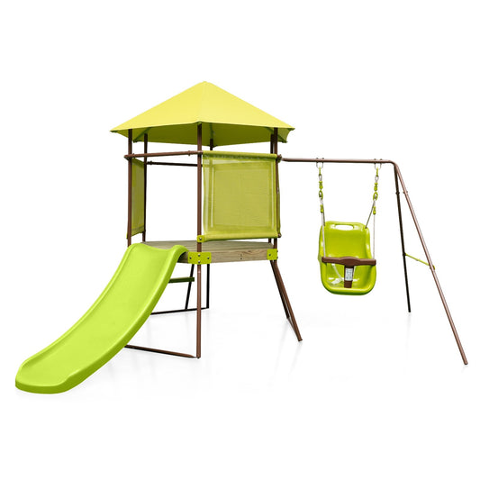 4-in-1 Swing Set with Covered Playhouse Fort and Height Adjustable Baby Seat, Green - Gallery Canada