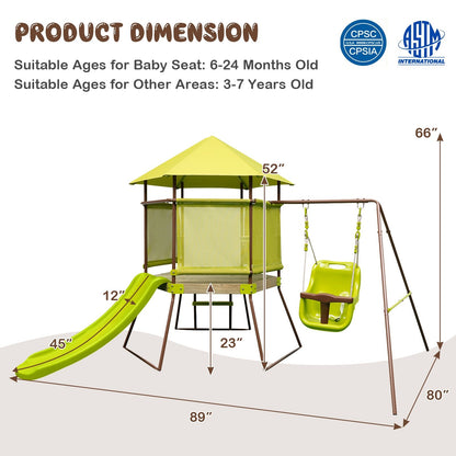 4-in-1 Swing Set with Covered Playhouse Fort and Height Adjustable Baby Seat, Green
