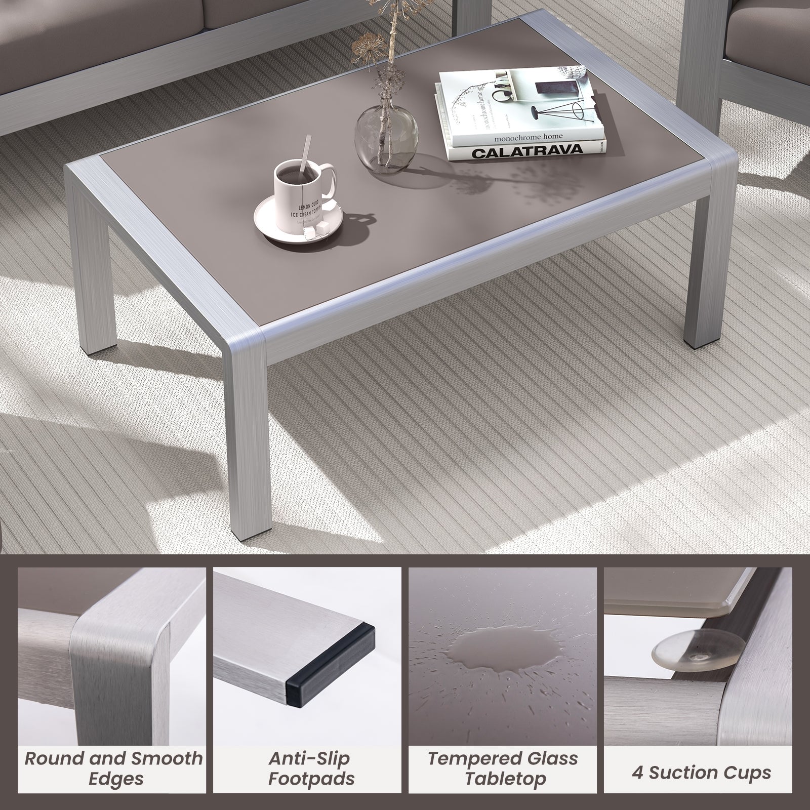 Outdoor Rectangle Coffee Table with Tempered Glass Tabletop for Backyard Poolside, Gray Patio Coffee Tables at Gallery Canada