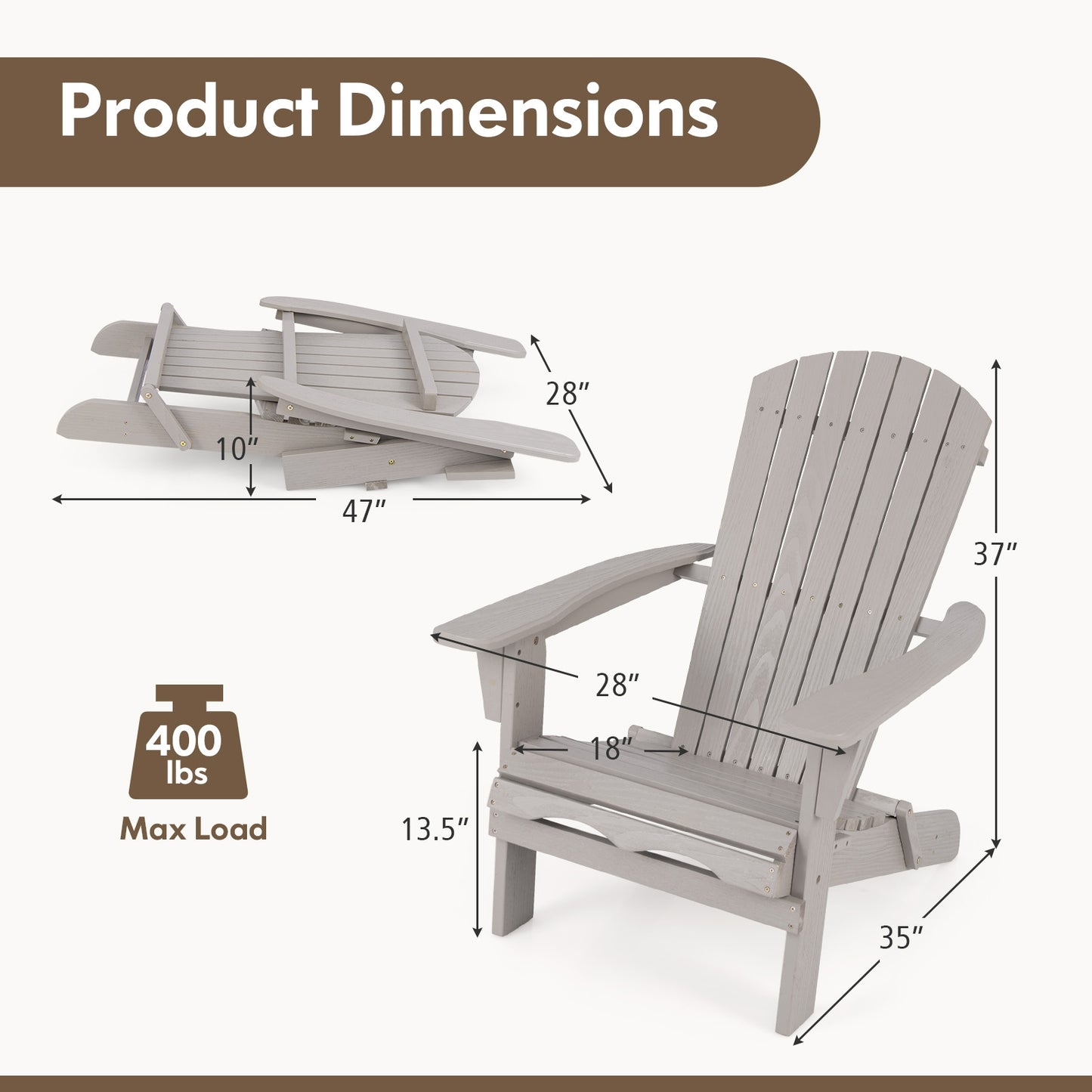 Folding Adirondack Chair Set, High Backrest, Wide Armrests, Gray Adirondack Chairs at Gallery Canada