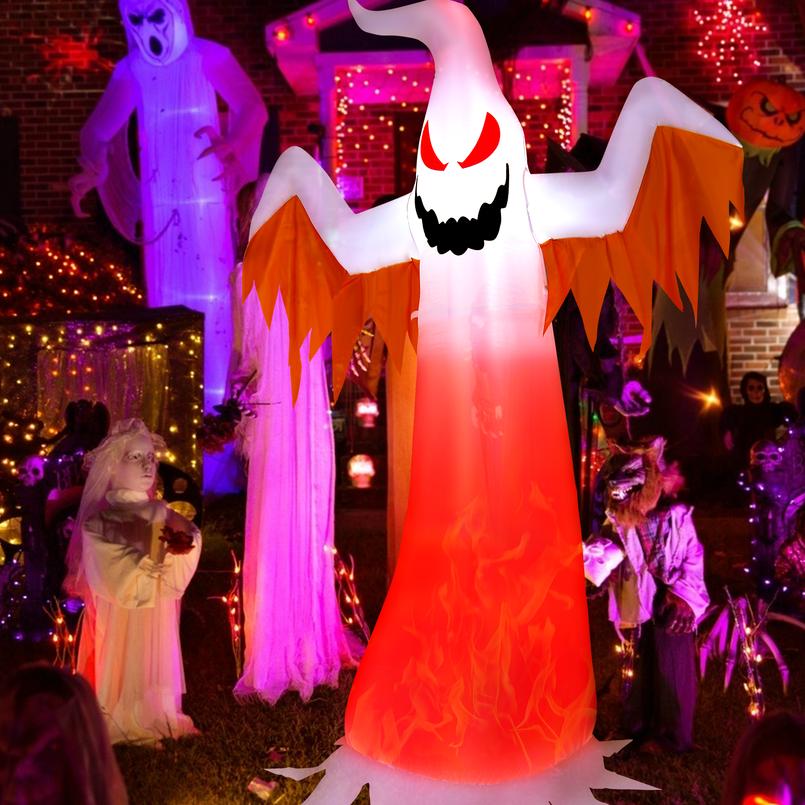 8 Feet Halloween Inflatable Ghost with Rotatable Flame LED Lights, White - Gallery Canada
