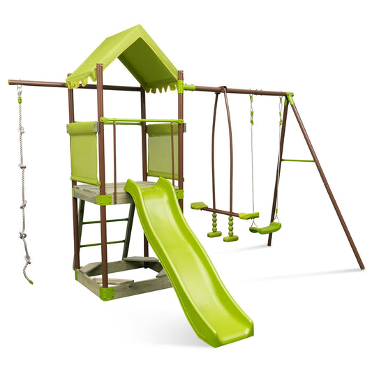 7-in-1 Kids Outdoor Metal Playset with Wave Slide and Climbing Rope, Green