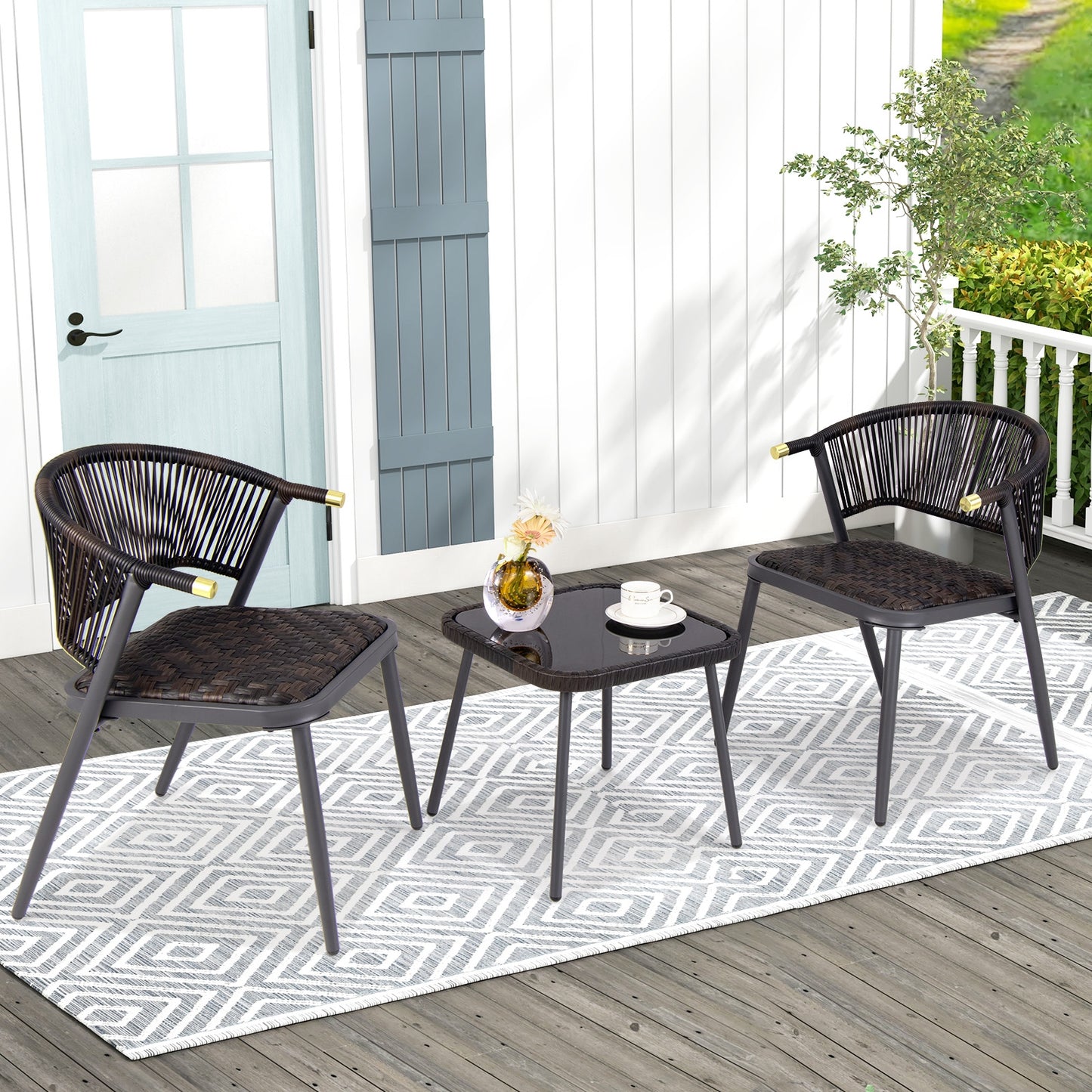 3 Pieces Patio Rattan Furniture Set for Backyard Poolside-Brown and Black, Brown Patio Conversation Sets at Gallery Canada