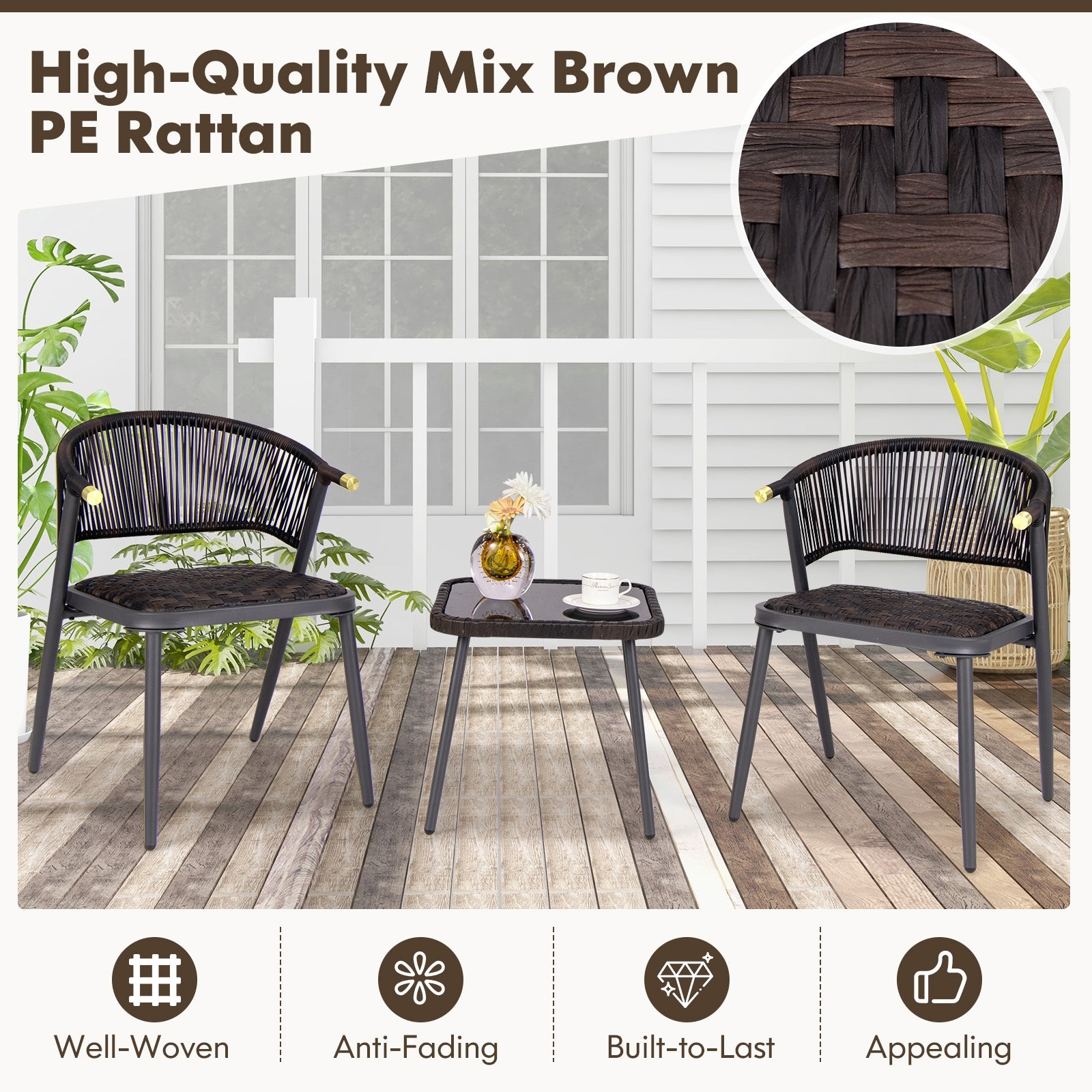 3 Pieces Patio Rattan Furniture Set for Backyard Poolside-Brown and Black, Brown Patio Conversation Sets at Gallery Canada
