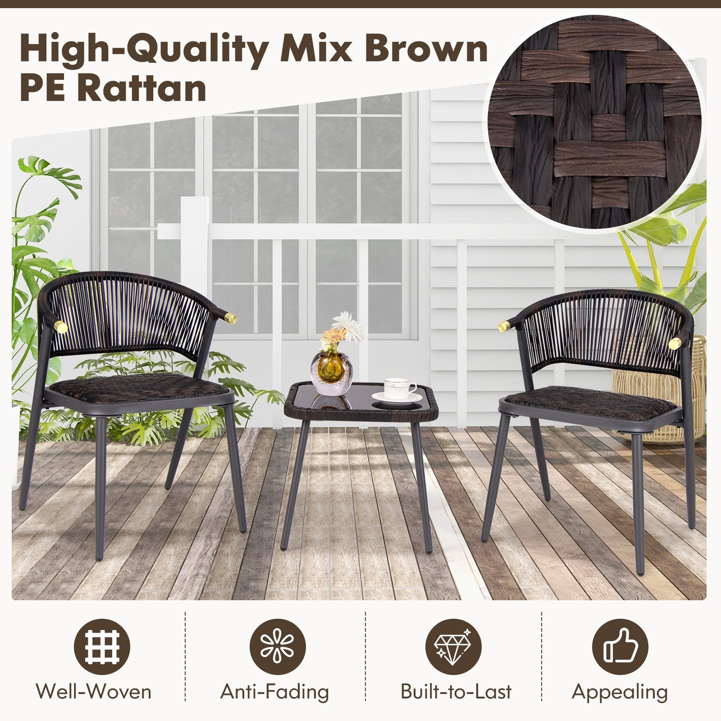 3 Pieces Patio Rattan Furniture Set for Backyard Poolside-Brown and Black, Brown Patio Conversation Sets at Gallery Canada