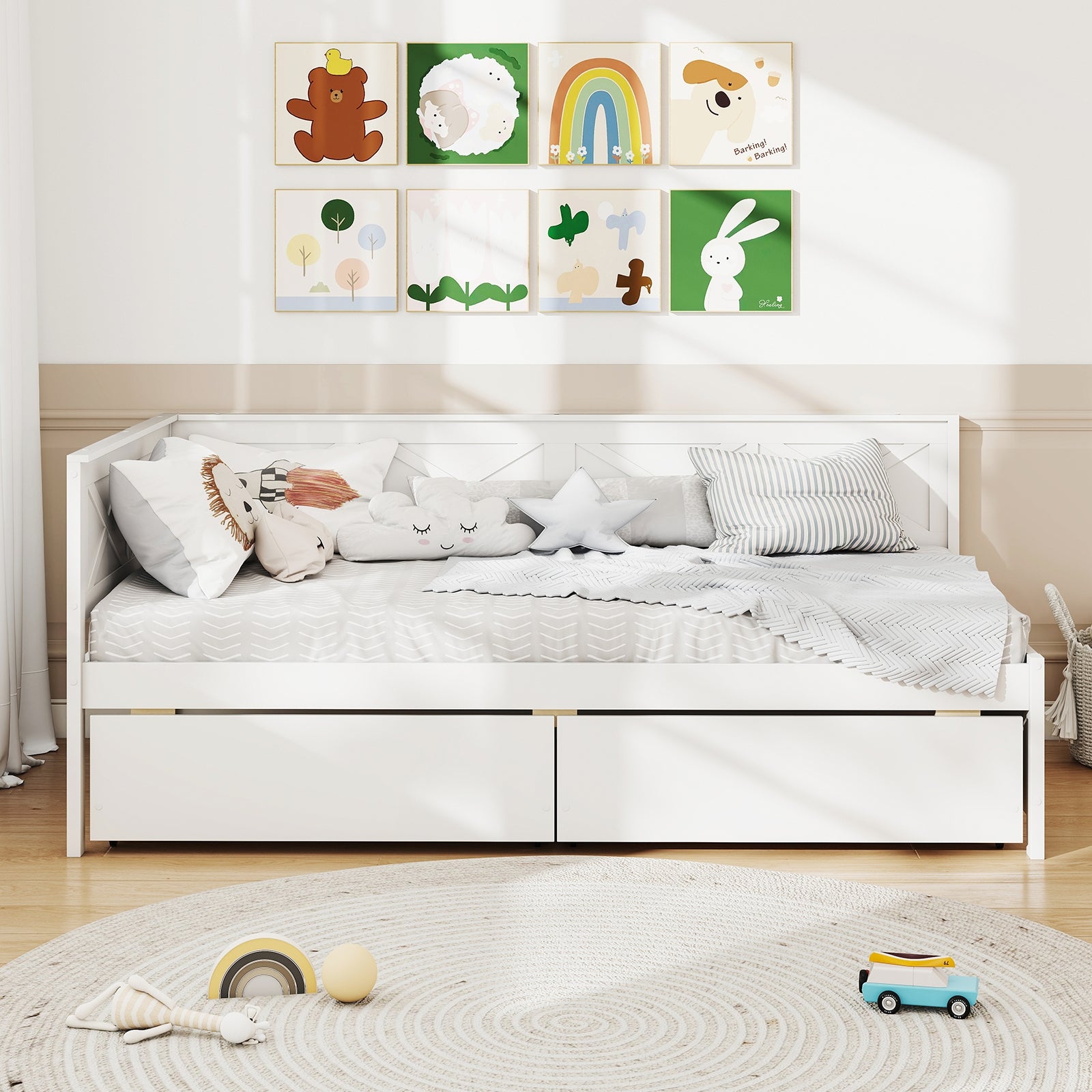 Twin Size Daybed with 2 Storage Drawers No Box Spring Needed, White Trundle Bed Frame at Gallery Canada