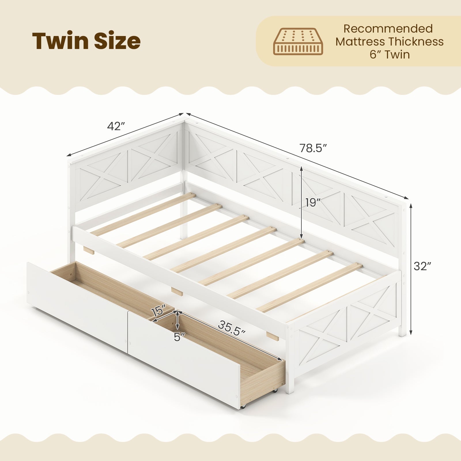 Twin Size Daybed with 2 Storage Drawers No Box Spring Needed, White Trundle Bed Frame at Gallery Canada