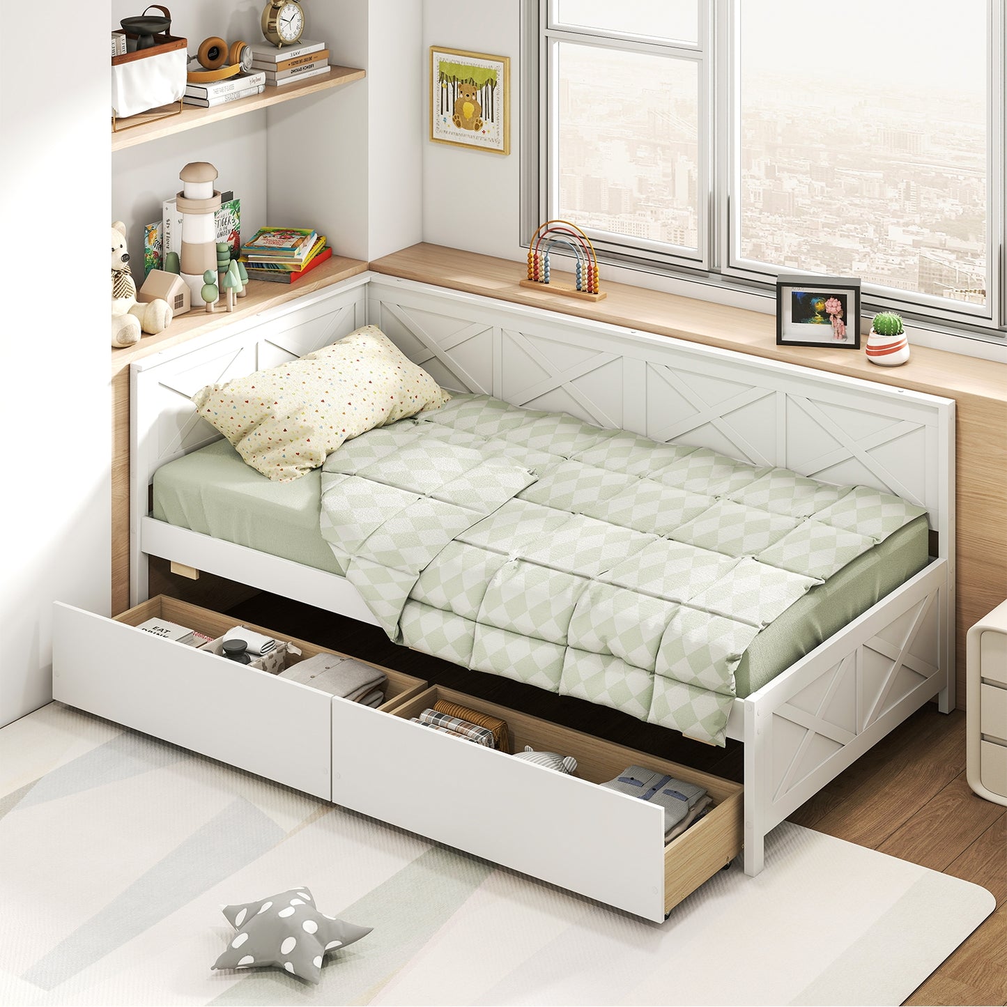Twin Size Daybed with 2 Storage Drawers No Box Spring Needed, White Trundle Bed Frame at Gallery Canada