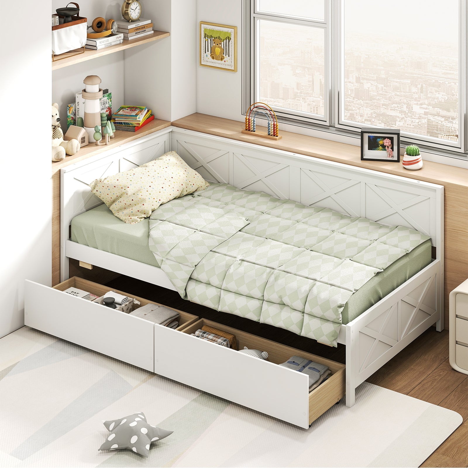 Twin Size Daybed with 2 Storage Drawers No Box Spring Needed, White Trundle Bed Frame at Gallery Canada