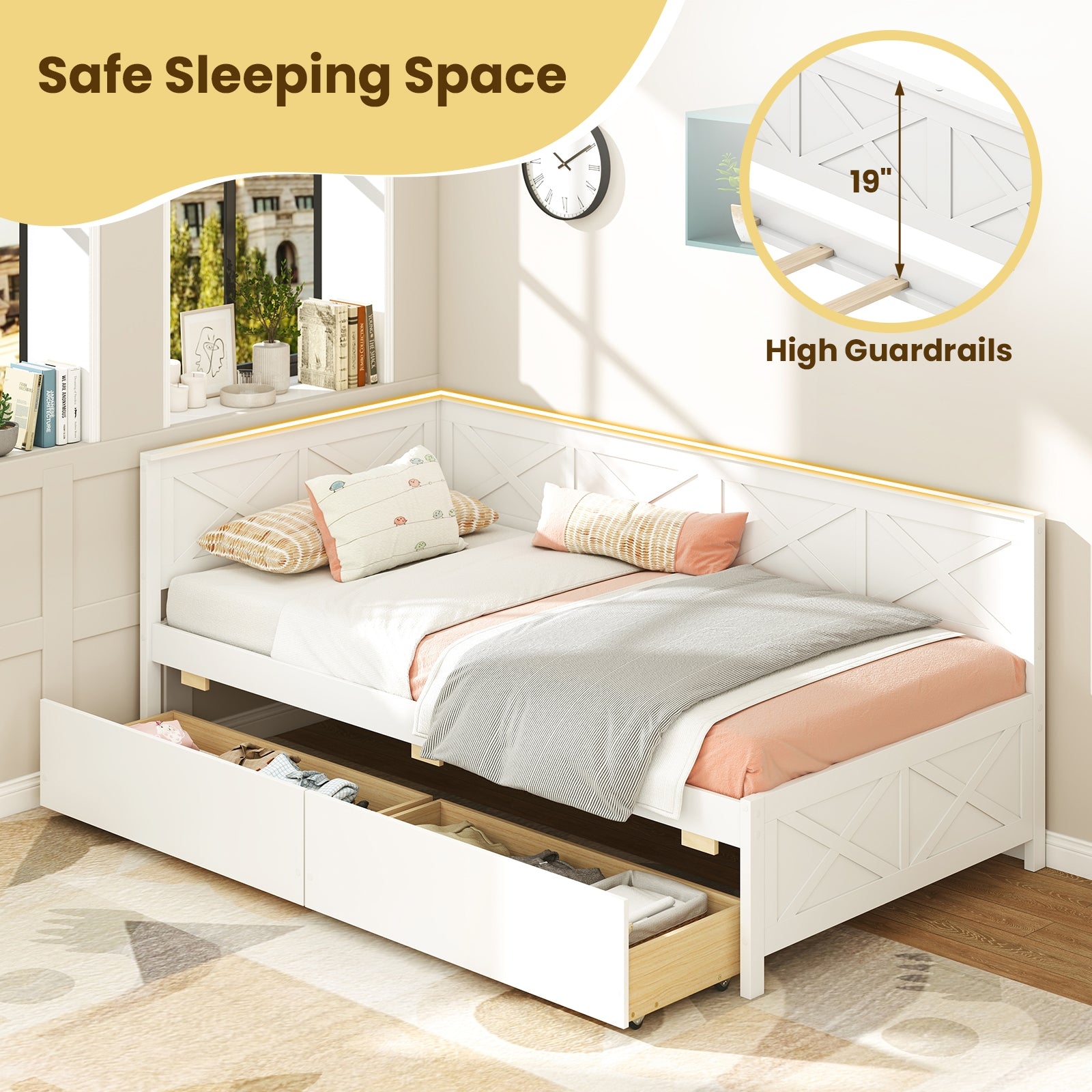 Twin Size Daybed with 2 Storage Drawers No Box Spring Needed, White Trundle Bed Frame at Gallery Canada