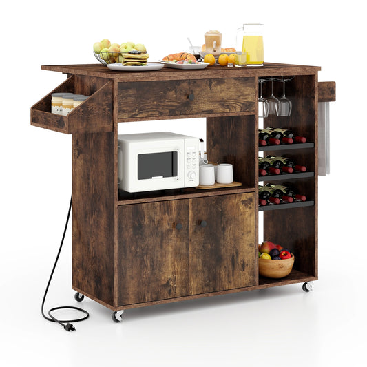 Drop Leaf Mobile Kitchen Island Cart with Power Outlet and Adjustable Shelf, Rustic Brown Kitchen Islands & Carts Rustic Brown at Gallery Canada