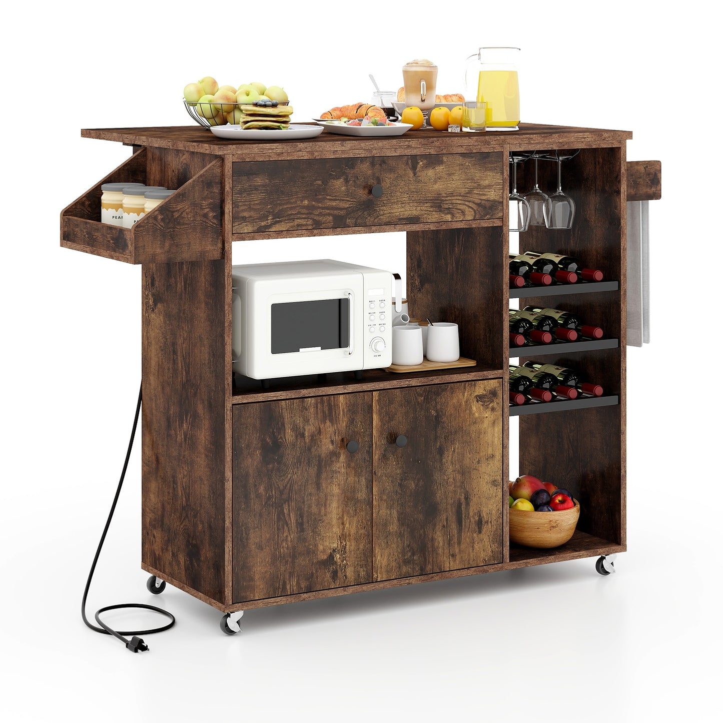 Drop Leaf Mobile Kitchen Island Cart with Power Outlet and Adjustable Shelf, Rustic Brown Kitchen Islands & Carts at Gallery Canada