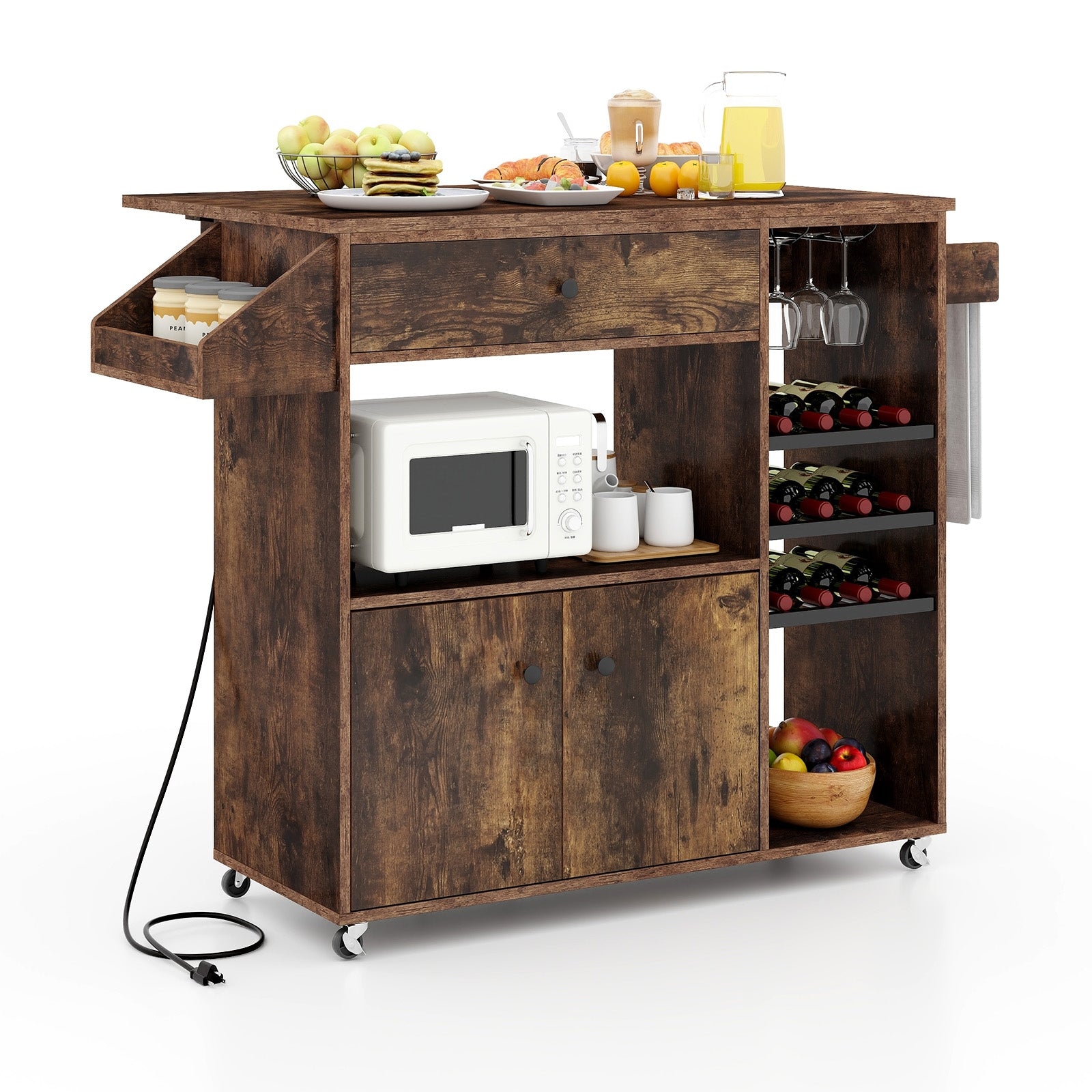 Drop Leaf Mobile Kitchen Island Cart with Power Outlet and Adjustable Shelf, Rustic Brown Kitchen Islands & Carts at Gallery Canada