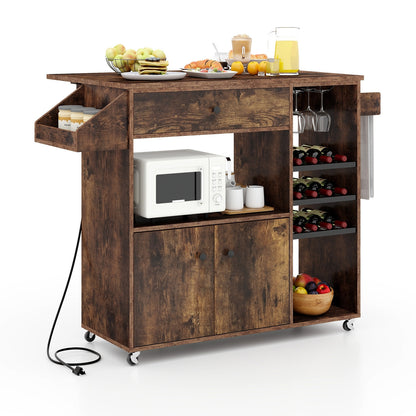 Drop Leaf Mobile Kitchen Island Cart with Power Outlet and Adjustable Shelf, Rustic Brown Kitchen Islands & Carts at Gallery Canada