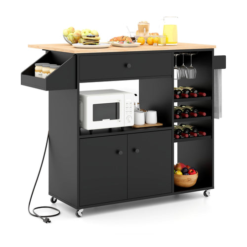 Drop Leaf Kitchen Island Cart With Power Outlet, Adjustable Shelf, Natural, Black