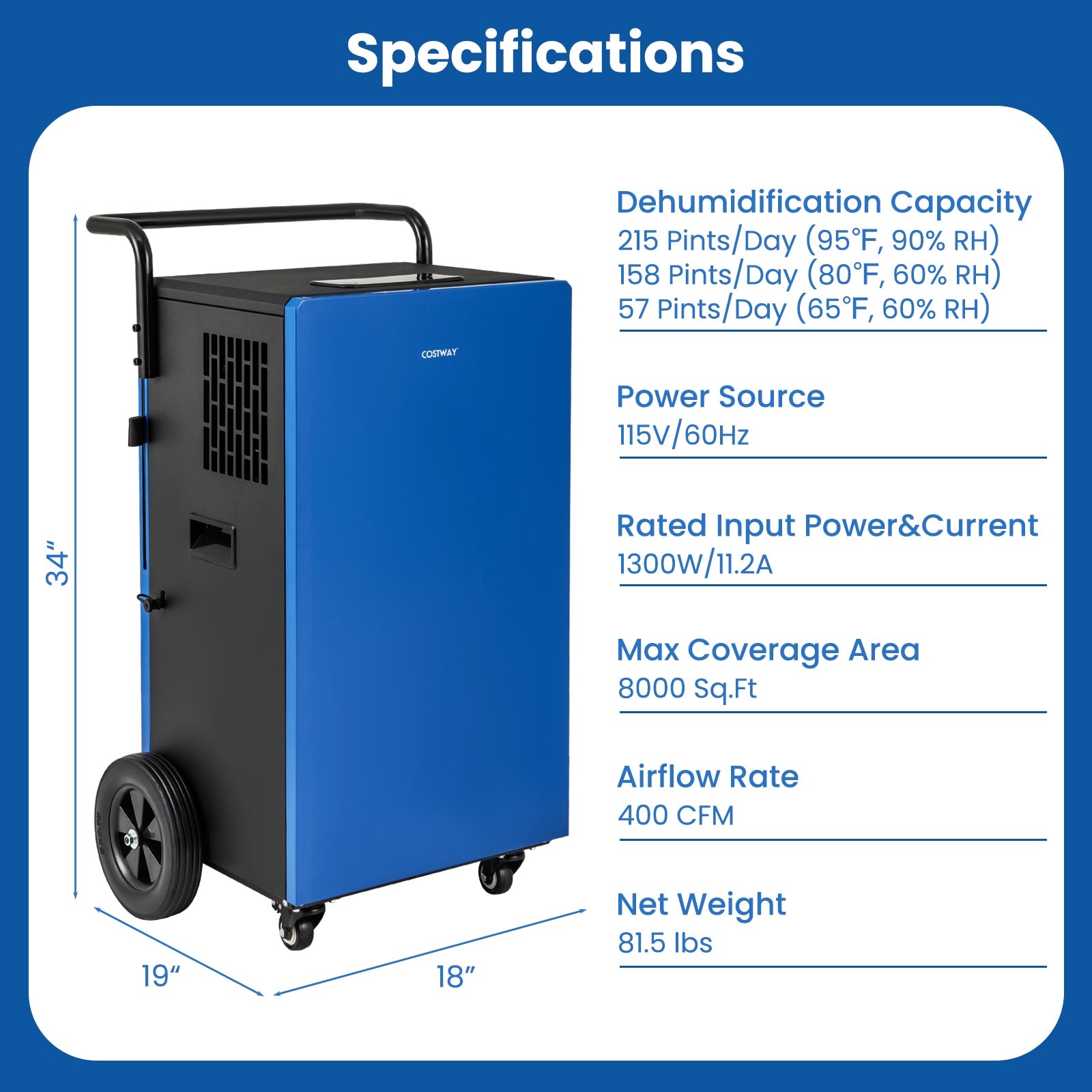 215 Pints 8000 Sq.Ft Commercial Dehumidifier For Home and Basement with 24H Timer, Blue Dehumidifiers at Gallery Canada