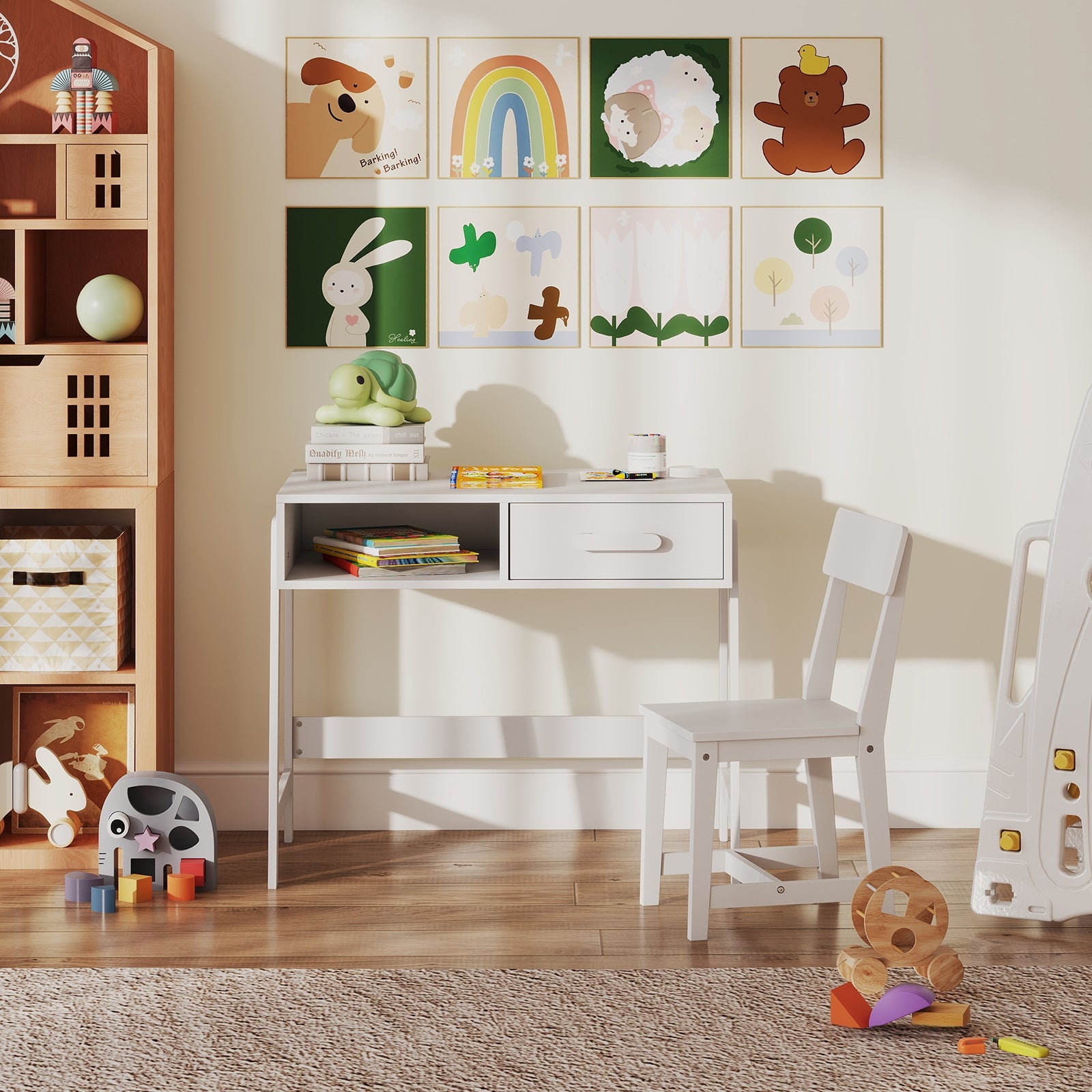 Kids Desk and Chair Set with Storage Drawer and Hutch, White Kids Table & Chair Sets at Gallery Canada