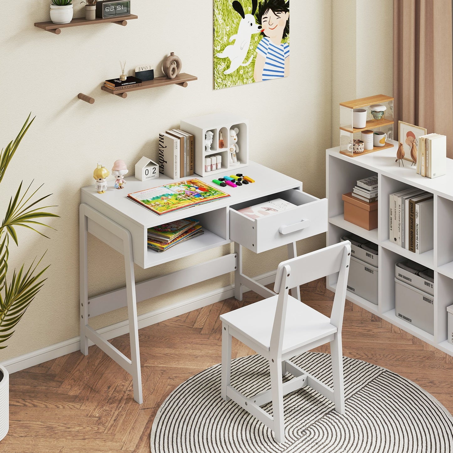 Kids Desk and Chair Set with Storage Drawer and Hutch, White Kids Table & Chair Sets at Gallery Canada